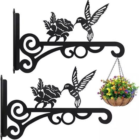Sollbry Supports de Panier à Suspendre pour extérieur, 2 Pcs Noir Support Crochet Plante Suspendues en Fer Forgé Support de Panier Suspendu à Montage Mural (1/5)