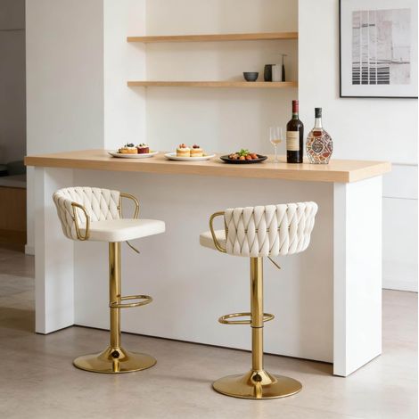 MEUBLIV Lot de 2 tabourets de bar pivotants crème ivoire, réglables, avec dossier (1/5)
