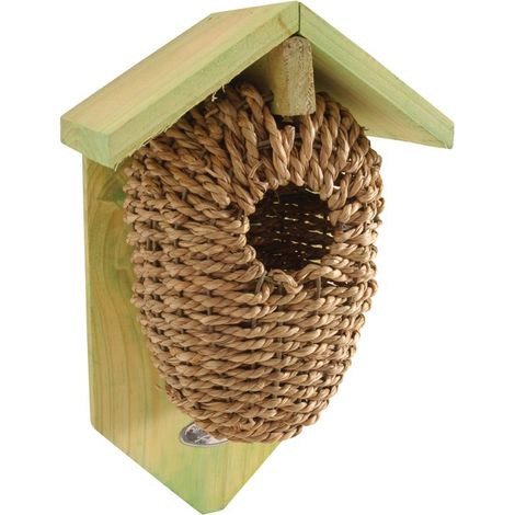 Esschert Design – Nichoir poche en bois et jonc de mer – Dimensions 15,2 x 10,2 x 26,2 cm – Pour roitelet – Fixation stable dans arbres ou murs