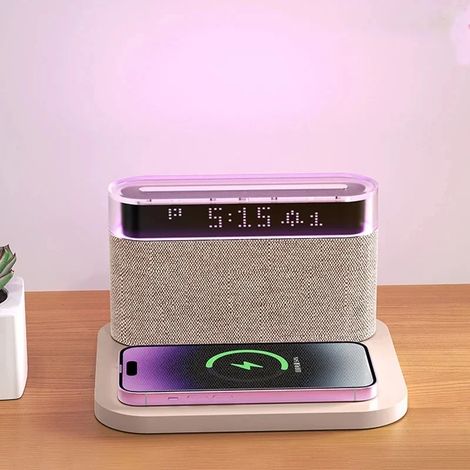 Réveil Bluetooth 6 en 1 (kaki) avec chargeur sans fil, haut-parleur Bluetooth et veilleuse colorée (1/5)