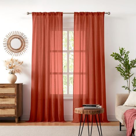 Voilage Lot De 2 - Coton Effet Lin - Plis Crayon - Sans Perçage - Salon Chambre - Terracotta 245x140 Cm (1/5)