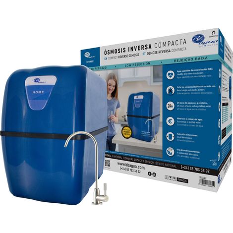 Bbagua Home. Attrezzatura compatta a 5 fasi per osmosi inversa Facile installazione sotto piano di lavoro e cambio di filtri. Basso rifiuto. Acqua sana di mineralizzazione debole. (1/5)