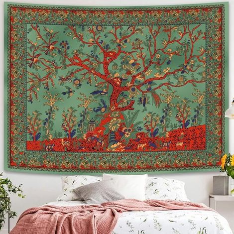 Tapiz Árbol de la Vida，mandala indio estético，decoración de pared，tapices bohemios tie-dye，residencia estudiantil，130 x 150 cm (verde) (1/5)