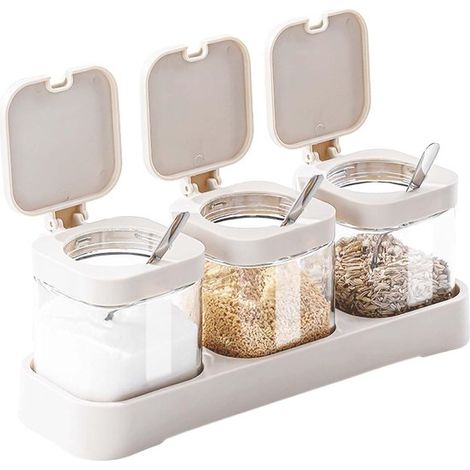 3 tarros de especias con cuchara de acero inoxidable, harina, azúcar, vidrio, especiero cuadrado con tapa y base, salero, especias, té (1/5)