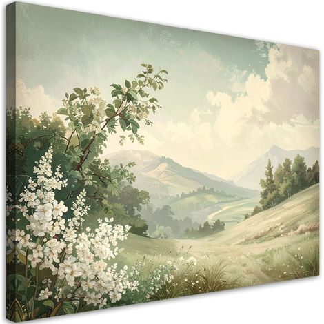 Cuadro sobre Lienzo, Paisaje de montaña pintoresco en tonos verde pastel, 60x40