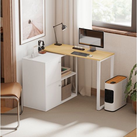 Scrivania angolare girevole a 360° con 2 armadi e 2 ripiani aperti, bianco OKMYHOME (1/5)