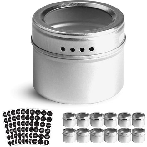 Set mit 12 magnetischen Gewürzgläsern mit 12 Sichtdeckeln zum Sieben und Ausgießen, 144 vorgedruckte, selbstklebende Etiketten für 85-g-Kräutergläser (3 oz) (1/5)