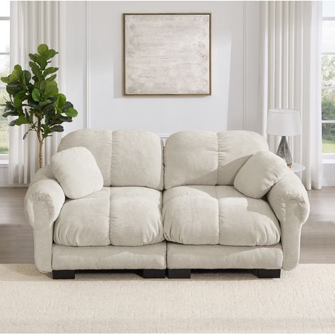Canapé droit 190x86x90 cm en chenille beige clair, modulable pour salon FloraGrace (1/5)