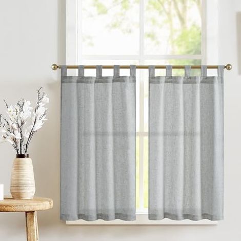 Lot de 2 Rideau, Boucle Supérieure, Lin Polyester, Gris, Cuisine Salon Chambre