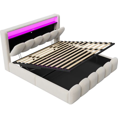 Cama capitoné 180 x 200 cm de terciopelo beige con almacenaje hidráulico y LED (1/5)