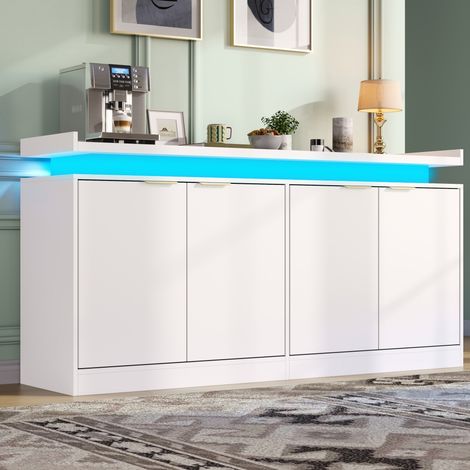 Aparador con LED RGB de 4 puertas, armario de cocina blanco de MDF, 160 x 39 x 83 cm, OKWISH (1/5)