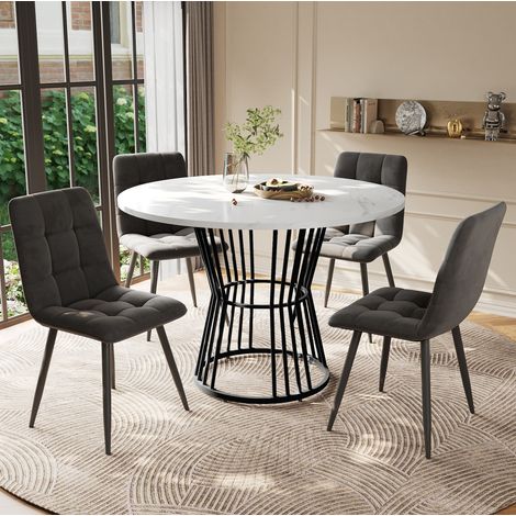 Ensemble table et chaises 5 pièces, table ronde 100 cm, 4 chaises, blanc et gris (1/5)