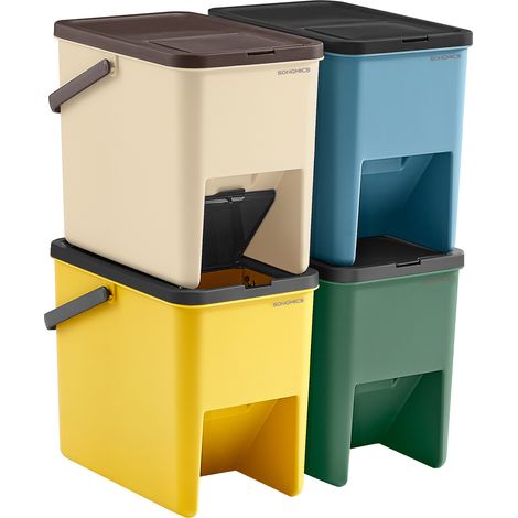 SONGMICS Poubelles de Tri pour la Cuisine, Lot de 4, Empilables, 20L, Recyclage, Couvercles à Ouverture par Pression, Autocollants, Coffre de Rangement, Jaune, Bleu, Beige et Vert (1/5)