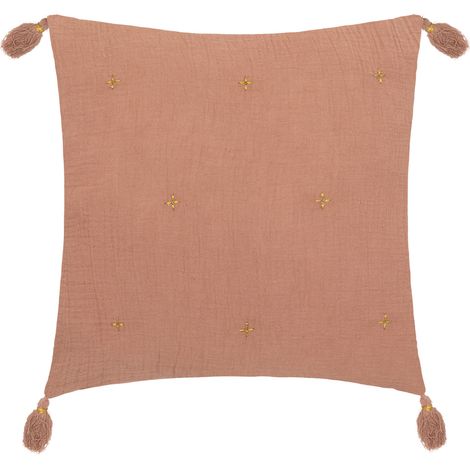 Coussin en gaze de coton brodé Vieux rose 40x40 cm (1/2)