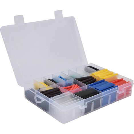Gaine thermorétractable en boîte de 580 pièces, assortiment coloré, gaines isolantes sous blister individuel, kit de sertissage pour câbles électriques, protection de fils multicolore. (1/5)