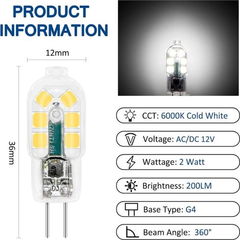 Ampoule Hotte Aspirante G4 LED 12V 2W Blanc Froid 6000K, 200LM, Halogène G4, LED Lampe G4 12V AC DC pour Camping Car/Hotte Cuisine, non-dimmable, lot de 10 [Classe énergétique A+] (1/3)