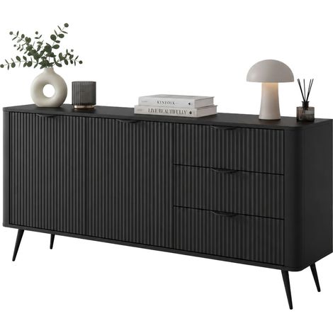 CREDENZA Halilala, Anrichte 3 Schubladen, 2 Regale, Türen klappbar, Schiebefunktion, 163x38x81h cm Schwarz