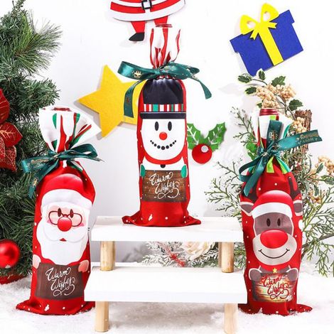 Ensemble de bouteilles de vin de Noël, bonhomme de neige, wapiti, père Noël, décoration créative, vin rouge, champagne, 3 pièces (1/4)