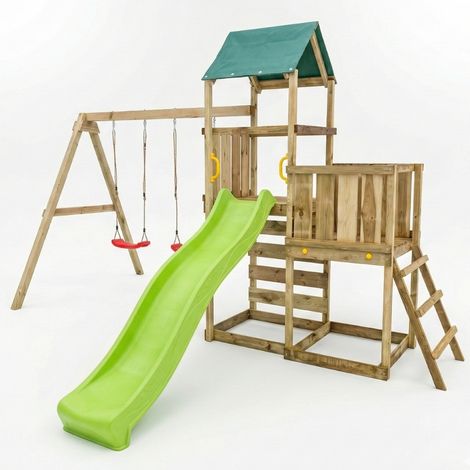 Parco giochi in legno Maxplay 3.1 con torre, scivolo verde, doppia altalena e sabbiera (1/5)