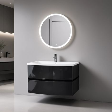 Meuble Salle de Bains avec vasque/lavabo Jura 80 Gris brillant arrondi à suspendre avec miroir rond en 60. Livré monté (1/5)