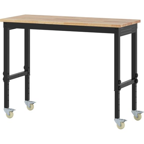 COSTWAY Banco da Lavoro Regolabile in Altezza 74-104 cm, Tavolo da Lavoro in Legno di Gomma, con Ruote Bloccabili, 2 Pannelli Laterali Forati, Stazione di Lavoro per Officina, Garage, Capacità 1100 kg (1/5)