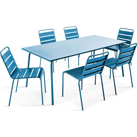 Oviala – Ensemble table et 6 chaises de jardin en métal bleu pacific – Table rectangulaire 180x90cm – Structure en acier thermoplaqué anti-rouille (1/5)