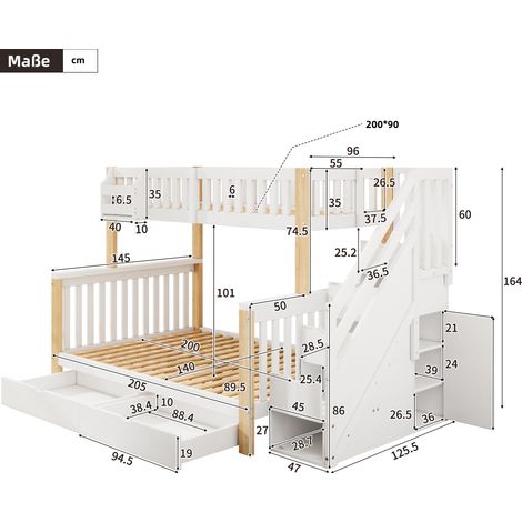 Lit superposé pour enfant, lit 2 places, lit évolutif avec coffre de rangement, tiroir, échelle-armoire, placard intégré, sans matelas, couleur blanc et bois naturel (1/5)