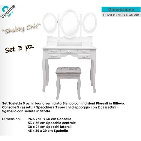Toeletta Mobile Specchiera Petineuse con Sgabello Imbottito Bianco Cassetti (1/2)