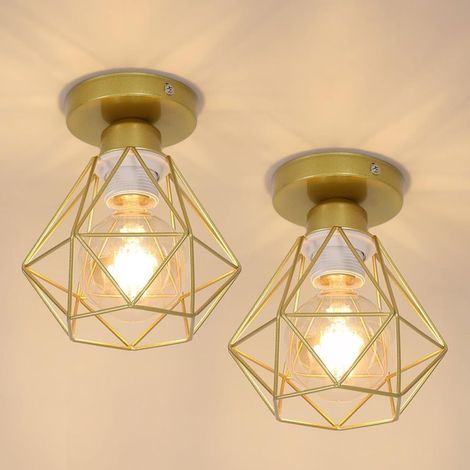 2x Plafonnier Industriel Vintage, E27 Suspension Luminaire Rétro Design Métal Cage, Diamant Fer Lampe de Plafond, Pour Salon Cuisine Chambre, Ø16cm Doré (1/5)