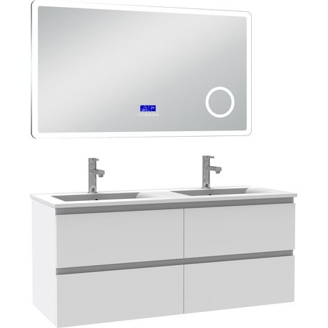 Acezanble ensemble meuble 120 cm blanc avec 4 tiroirs à fermeture automatique, lavabo céramique double + miroir salle de bain Bluetooth tricolore, suspendu