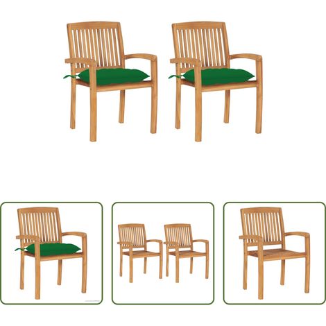 Teakholz - Gartenstühle 2 Stk. mit Grünen Kissen Massivholz Teak (1/5)
