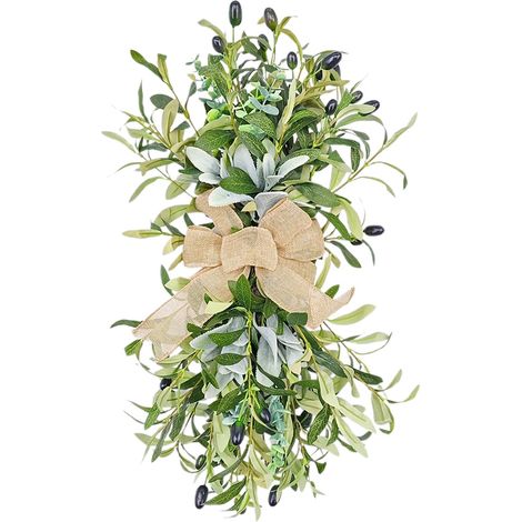 Künstlicher Olivenzweig-Girlande, 60 cm (23,6 Zoll), Frühling/Sommer, künstliche Olivenzweige mit Schleife, für Treppenhaus, Briefkasten, Haustür, Wanddekoration, Grün (1/2)