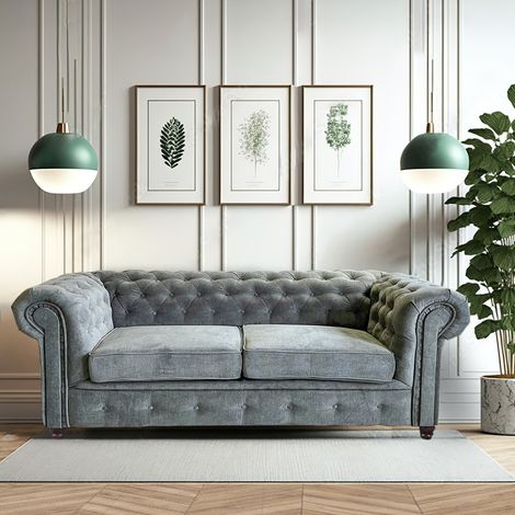 Le Quai Des Affaires – Canapé Chesterfield 3 places gris – Tissu avec rembourrage mousse 30 kg/m3 – Dimensions 213x85x72 cm – Élégance rétro pour salon (1/3)
