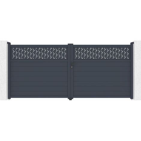 Cancello a battente L397 x H181 cm Alluminio semi pieno con motivi Antracite - BAZIO