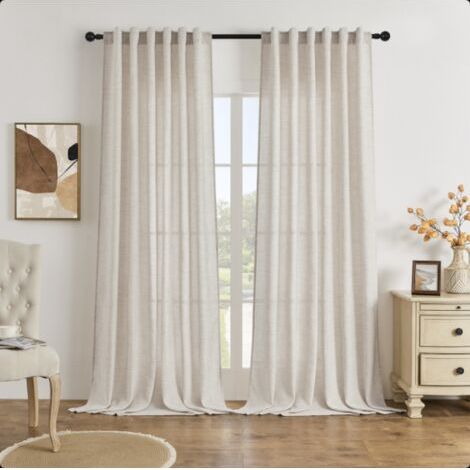 QORVA-Lot de 2 rideaux de salon - Aspect lin - Semi-transparents - Pour chambre d'enfant - 214 x 127 cm (H x L) - Marron clair