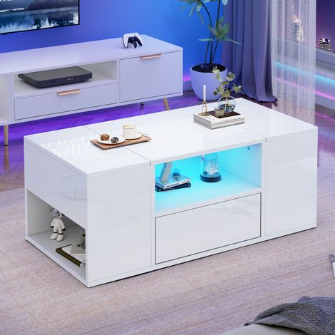 Mesa de centro de tablero de partículas 100 x 50 x 40 cm, blanco brillo, con 1 cajón y 6 compartimentos, LED (1/5)