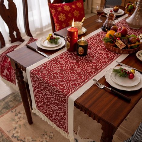 Chemise De Table De Noël - 180 X 35 Cm - Rouge - Polyester - Pour Table À Manger Cafetière Et Meuble Tv - 1 Pièce (1/5)