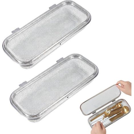 Lot de 2 paniers à couverts rectangulaires avec couvercle, compatibles lave-vaisselle, en acier inoxydable. Convient pour fourchettes, cuillères, couteaux et baguettes. Dimensions : 26,5 x 11,5 x 3,5 (1/5)