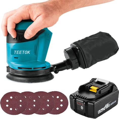 Exzenterschleifer,Akku-Exzenterschleifer,Bürstenlos,Exzenterschleifer Poliermaschine 18 V Ø125 mm mit Staubbeutel und 4 Scheiben + 1 x Akku (kein Ladegerät),Kompatibel mit Makita-Akku
