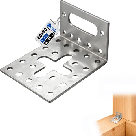 Lot de 50 Équerres réglables 60 x 30 x 60 mm – Galvanisées – Connecteurs d’angle ajustables – Plaques perforées pour montage bois – GeZu Impex