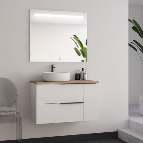 Meuble de salle de bain 80cm avec vasque à poser ronde - blanc - KING et miroir led STAM (1/5)