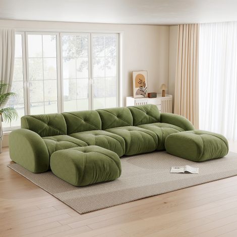 Canapé modulaire en forme de U, canapé sans cadre, canapé combiné 4 places, y compris 2 poteaux, adapté au salon, tissu confortable, design antidérapant, aucun montage nécessaire, vert