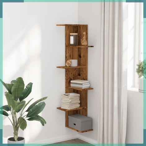 Étagère d'angle murale - 852634 - vieux bois - bois d'ingénierie - 36,5x36,5x140 cm (1/5)