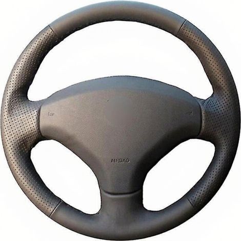 Housse de volant en similicuir PU noir cousue main pour Peugeot 308 (2007-2013) et 408 (2012-2014). Couleur : fil gris. (1/5)