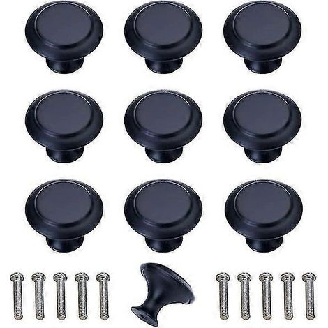 Boutons de meuble ronds en acier inoxydable noir mat, forme champignon - Lot de 10 avec vis, diamètre 27 mm, installation facile (1/5)