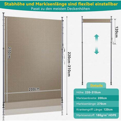 Tenda Verticale HDPE 200×310 cm Marrone, Tenda a Pinza Estensibile, Senza Forare, Privacy, Protezione Solare UV, Antivento, Resistente Alle Intemperie (1/5)