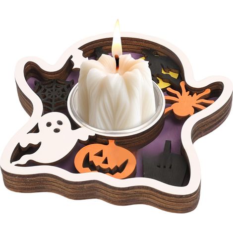 Porte-bougies Halloween Décorations de Fête en Bois, Porte-bougie pour tealight en forme de fantme Pour la maison, la chambre, la c (1/5)