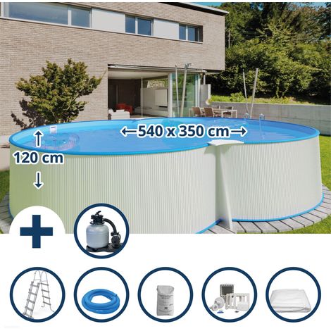 Stahlwandpool Set (6-teilig) hoch achtform 540 x 350 x 120 cm, Stahl 0,4 mm weiß Folie 0,4 mm blau (1/5)