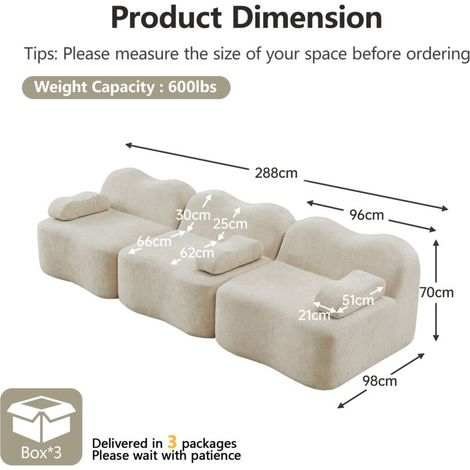 Canapé droit 3 places modulaire – Mousse haute densité 32D, design vague, beige – Assise profonde pour moments de détente (1/5)