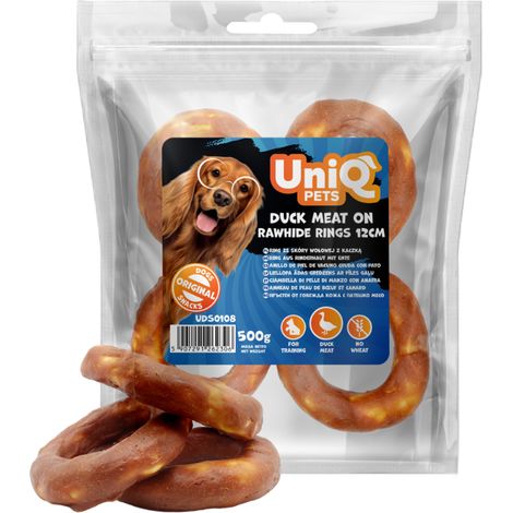 Snack in pelle di bufalo Uniq Pets PER CANI 500 g, anello in pelle di manzo con anatra 12 cm